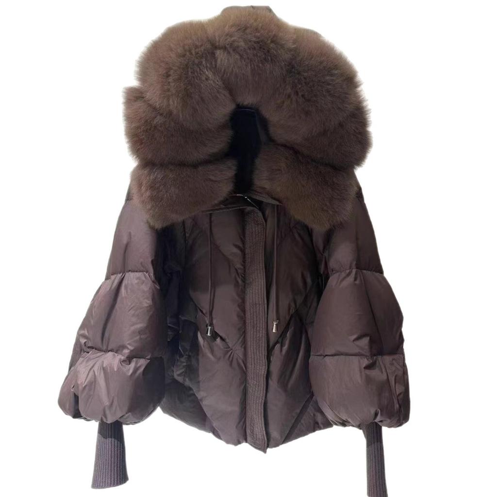 Winter Large Real Fur Hooded Puffer Jacket Women Thicken Warm Knitted Sleeve Coat White Duck Down Mid Long Parka