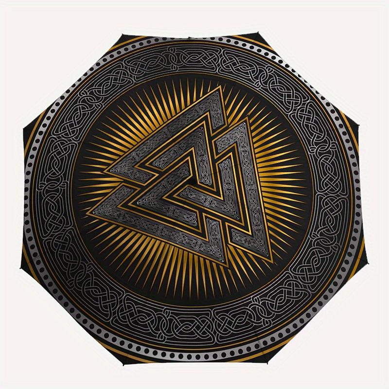 "Golden Triangles: A Symbolic Artwork with Intricate Designs"Umbrella, Portable 3-Fold Compact Umbrella for Men & Women ES53