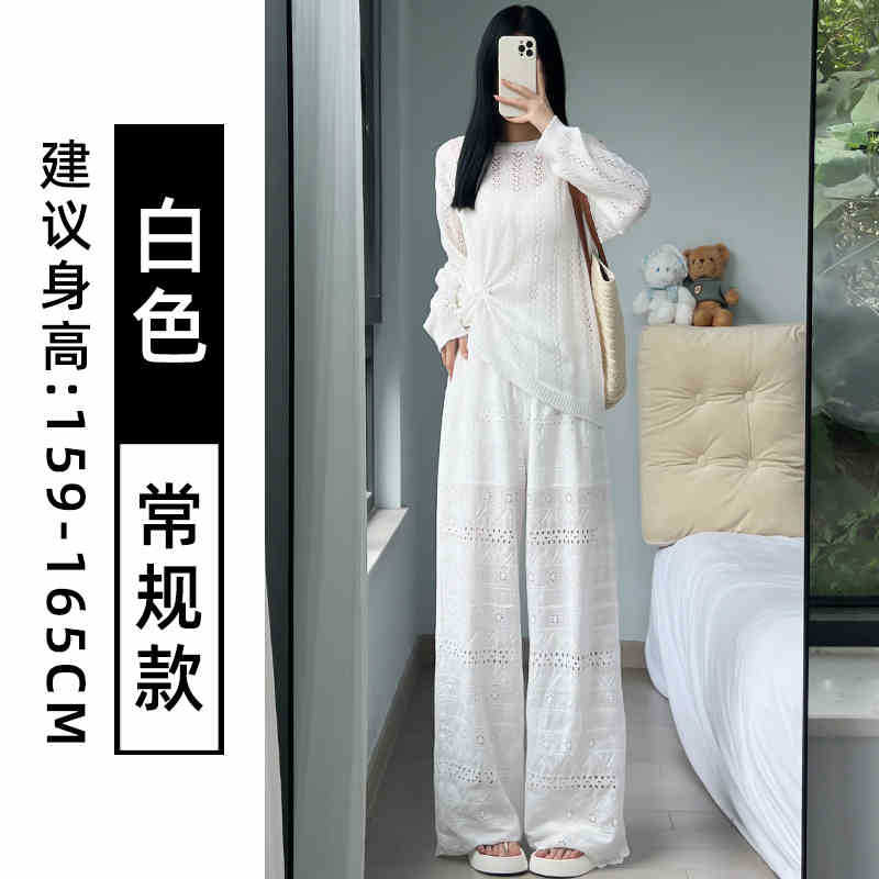 Women s High Waist Wide Leg Pants Straight Leg Cutout Lace Trousers Solid Color Sweet Casual Long Pants S