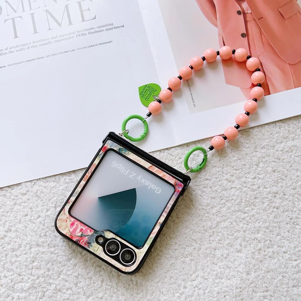Flower PU Leather Cover with Hinge Protection & Wrist Chain Strap Bracelet For Samsung Galaxy Z Flip 6 5 4 3 Phone Case