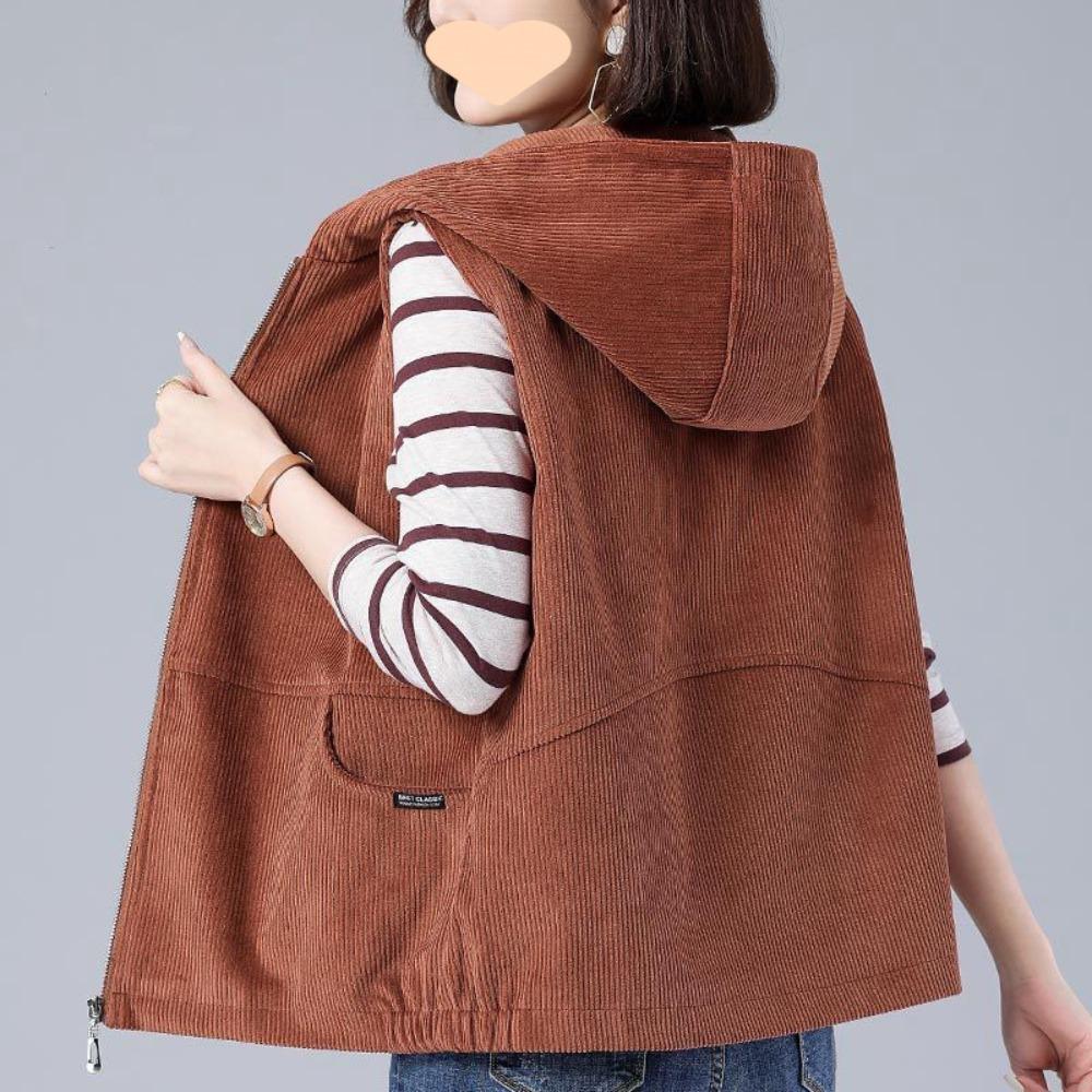 

Women s Casual Hooded Corduroy Short Vest - Spring and Autumn Waistcoat for Middle-Aged Mothers XXXL коричневий