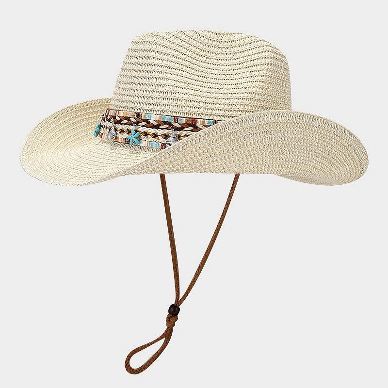 Boho-Chic Handcrafted Straw Cowboy Hat with Blue Accents - Breathable, Lightweight & Stylish for Women