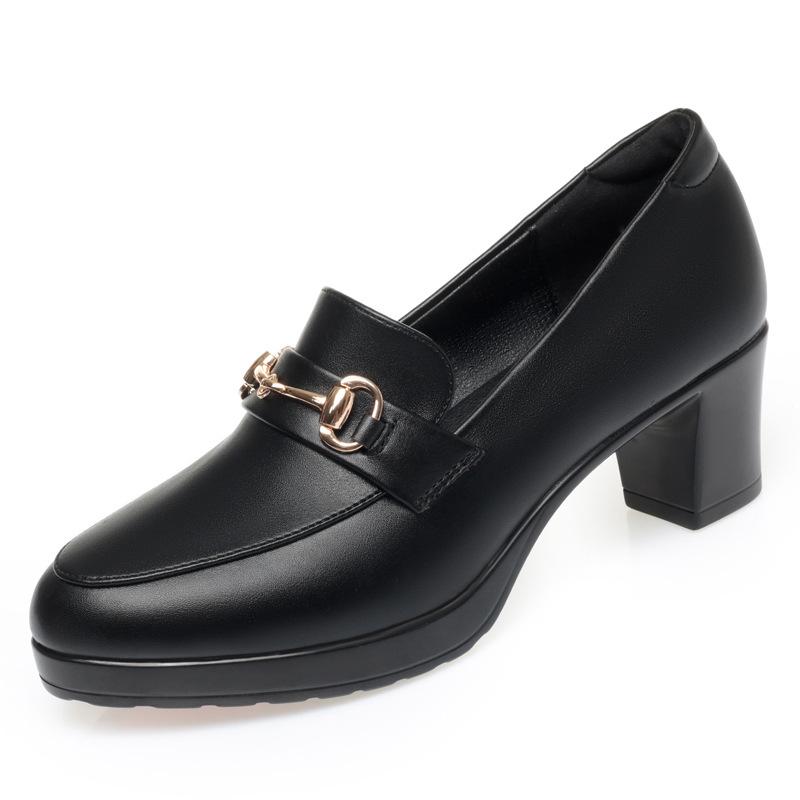 Women High Heels Platform Pumps Spring Autumn New Fashion Metal Buckle Black Office Shoes Woman Soft Leather Shoes Femme