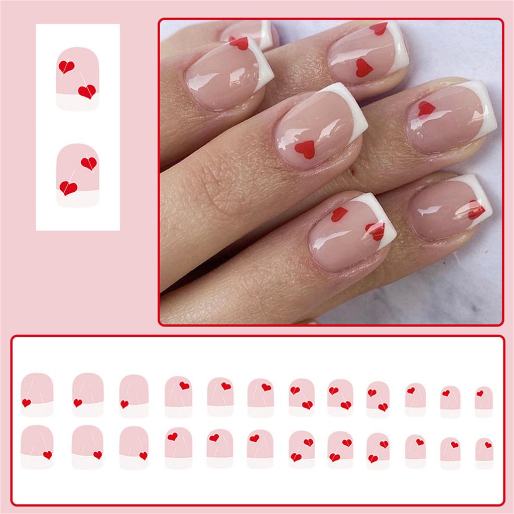24 Pcs Valentines Day Press On Nail White French Tip False Nail Heart Acrylic Nail Short Square Stick on Nail
