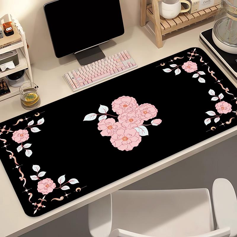 Retro Ornate Blossom Decor Oversized Keyboard Mousepad Aesthetic Flower Print Waterproof Table Mat