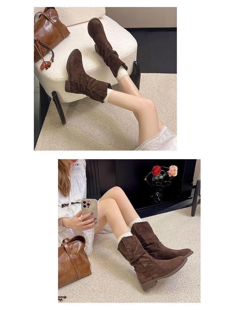 Women's Retro 8cm Height-Boost Mid-Calf Martin Boots - Slim Fit, Pleated Design, Versatile for Autumn/Winter