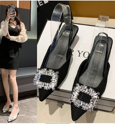 Baotou Sandals Women's New Summer Rhinester Square Buckle Fairy Wind After Empty French Fine Heel High Heel Pointed Single Shoes