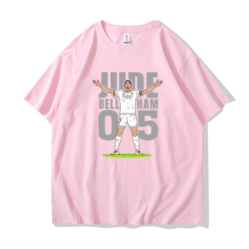 Bellingham Celebrates Action LOGO Short Sleeve T-shirt for Real Madrid Fans Commemorating The Summer Crewneck England Team