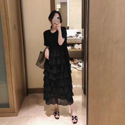 Women Summe  Korean Style Retro Design Thin Cake Little Black Dress Round Neck Short Sleeve Dress For Women
