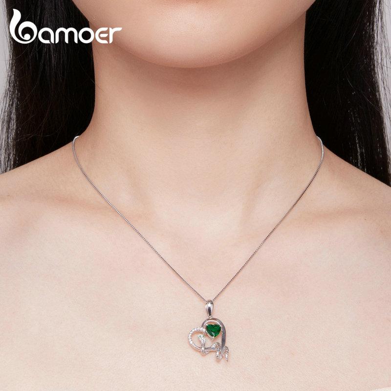 BAMOER 925 Sterling Silver Delicate Green Zircon Heart Pendant Necklace Snake Intertwine Love Neck Chain for Women Fine Jewelry