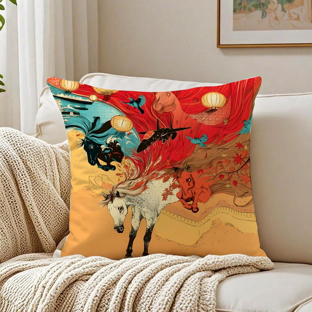 Y-Year Of The Horse Graffiti Cushion Cover Pillowcase Anti-Dustmite Living Room Sofa Decor Cushion Room