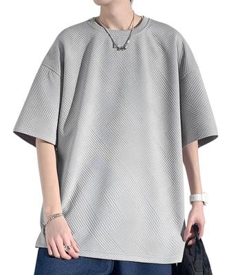 Four Leaf Short Sleeve Summer Stylish Crew Comfortable Cut and Solid Embossed Print Men's T-Shirt, Neck, Sewn, Streetwear, Color, (2XL, Gray)