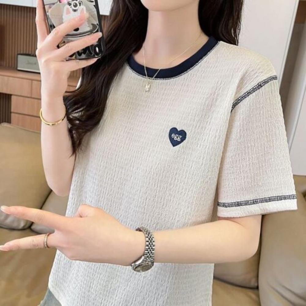 Navava Women HearT Embroidery Round Neck ShorT Sleeve T shirT nT3356