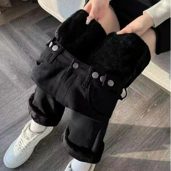 Women's 2023 Winter High-Waist Wide-Leg Jeans: Warm, Thick, Straight-Leg, Slimming Velvet Trousers.