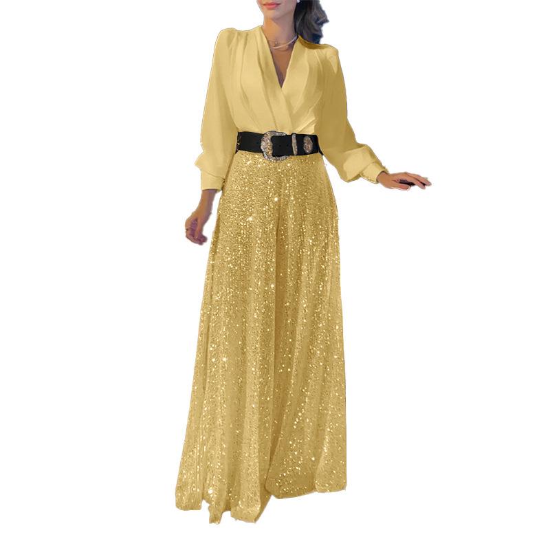 Women's Elegant V-Neck Dress Shirt with Sequined French Wide-Leg Pants