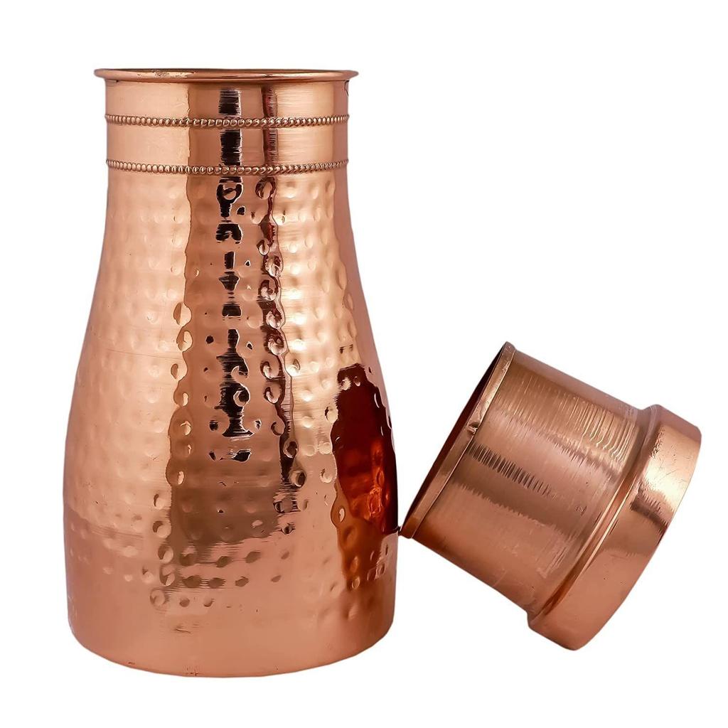 Copper Designer Copper Water Bottle | Pitchers | Water Jug | Bedroom Jar | Bedside Bottle Carafes with Tumbler/Glass with Lid 1250 ML (Hammered)