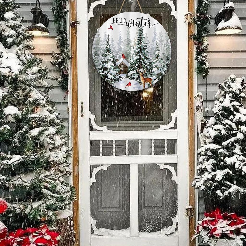 Winter Wreaths for Front Door, Winter Door Decorations Wall Decor, January Wreaths 12 Inch, Hello Winter Door Sign Door Hanger, Rustic Natural