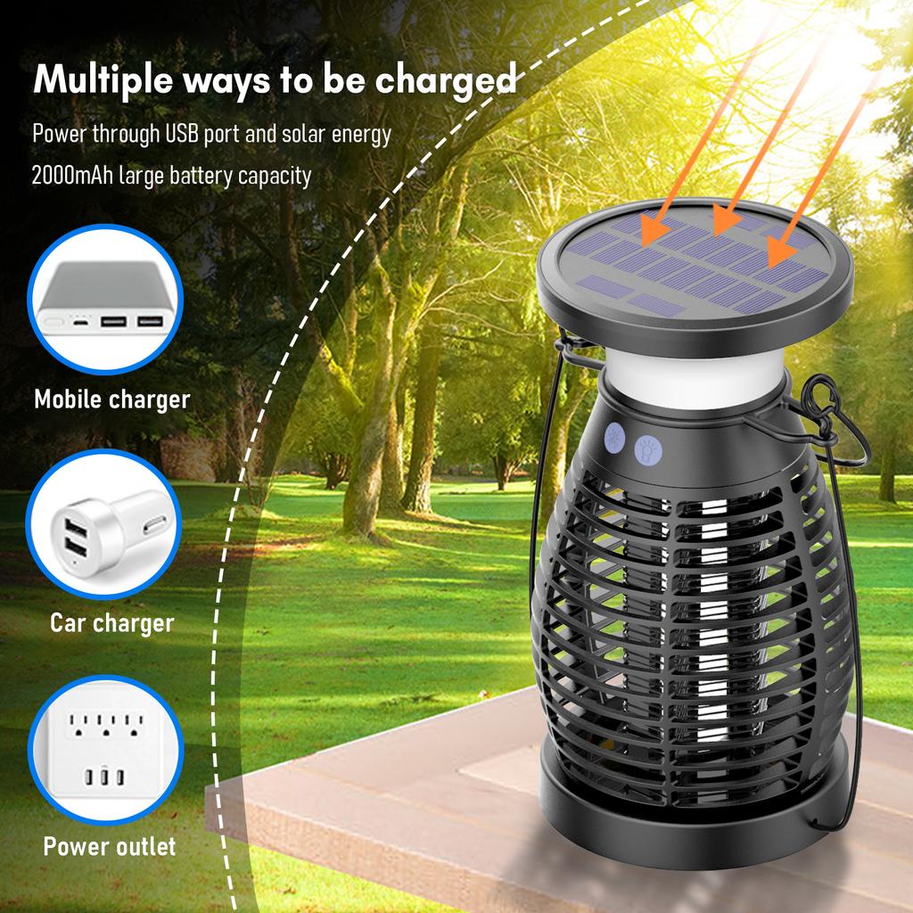 Rechargeable Solar Powered Mosquito Zapper IP65 Waterproof Electric Mosquito Driver 2000mAh Outdoor Insect Catcher with USB Port