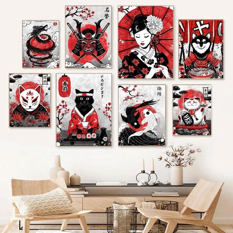 Japanese Art Cat Samurai Canvas Poster Animal Print for Living Room Wall Decor Home Decoration Picture