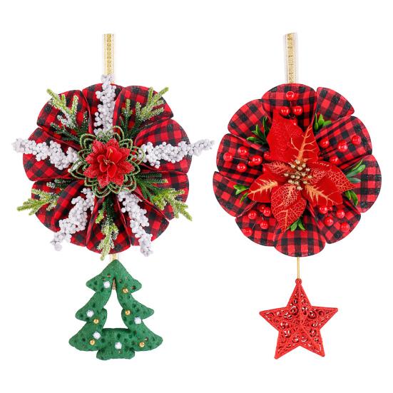 Christmas Wreath Decoration Red Artificial Poinsettias Buffalo Plaid Wreath with Star/Tree Ornament for Wall Window Porch Door Indoor Outdoor Decor