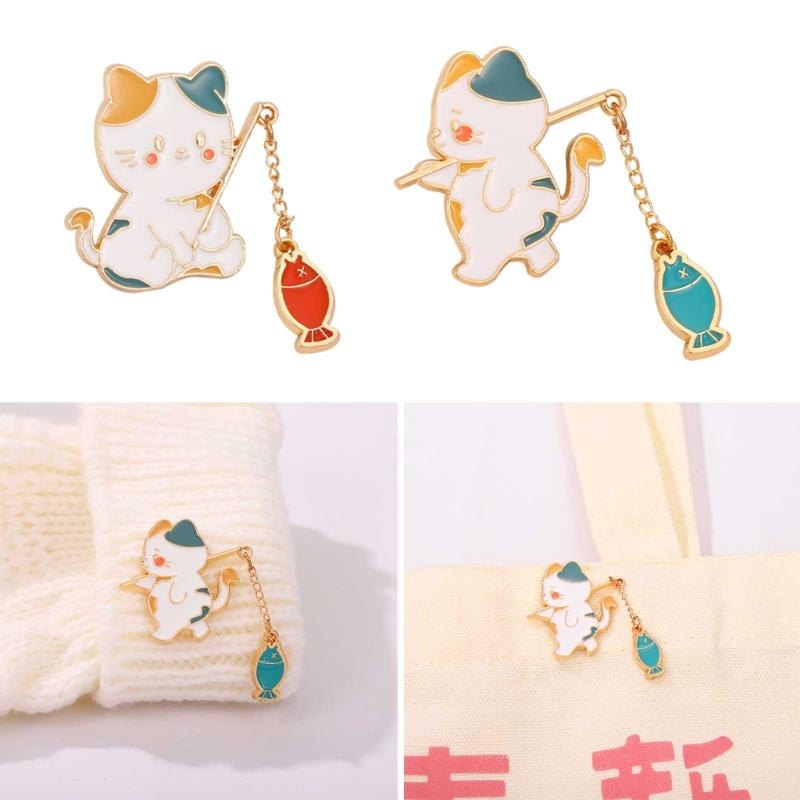 Cat Fishing Brooch Cute Cartoon Fishing Cat Brooch Cowboy Badges Pin Alloy Material for Bookbags Clothes Decorations
