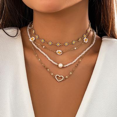 Accessories, Sweet and Spicy Imitation Pearl Daisy Set Necklace Women, Niche Heart Full Diamond Clavicle Necklace