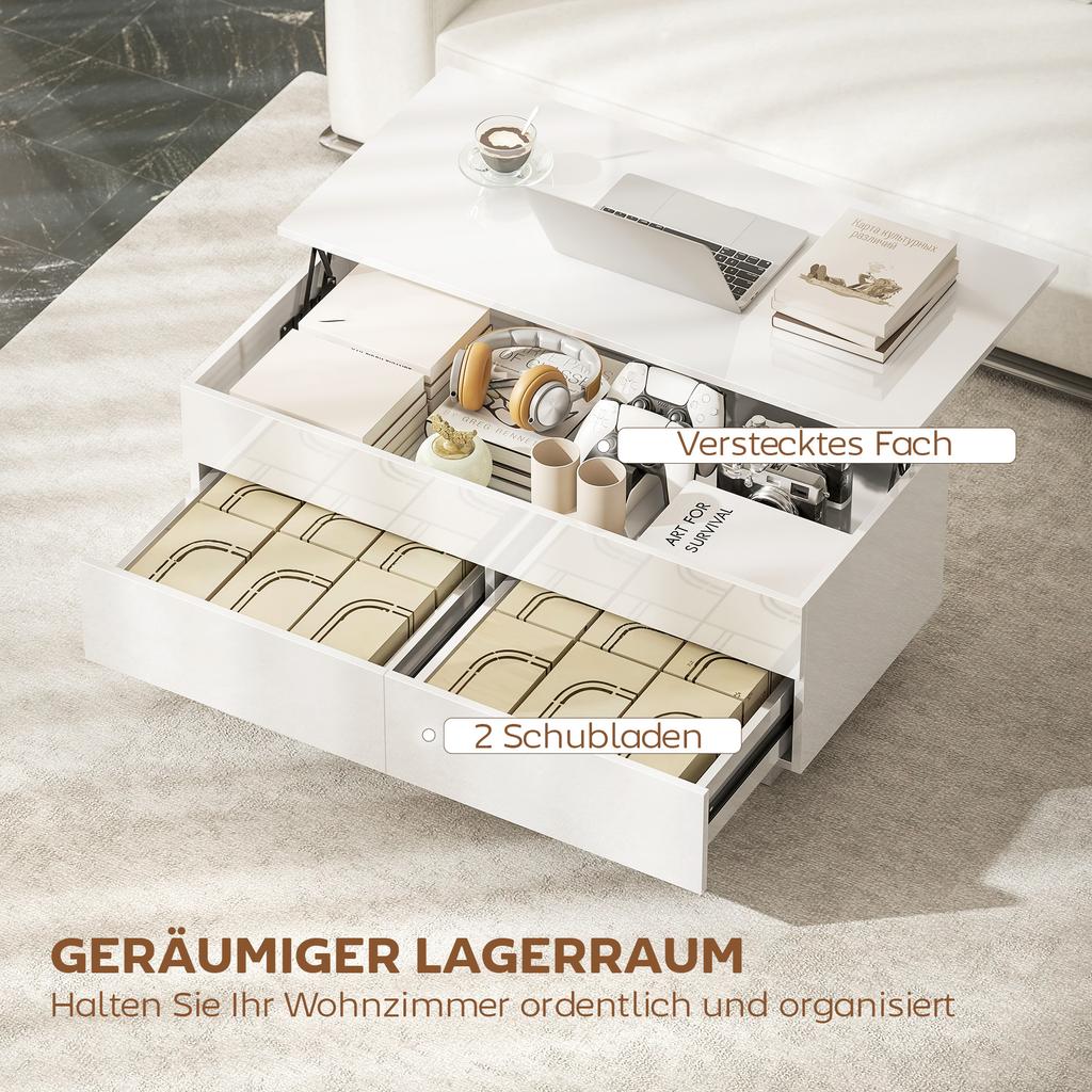 Height-Adjustable Coffee Table, Modern Living Room Table with Hidden Storage Space and 2 Drawers, High-Gloss White