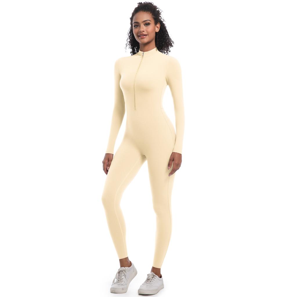 Zipper Nude Long Sleeved Jumpsuit Yoga Suit, Quick Drying And Tight, High Strength Running And Fitness Jumpsuit For Women
