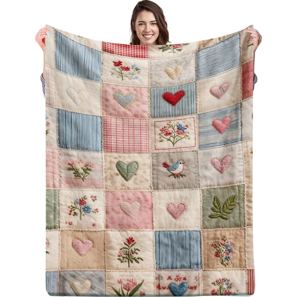 Gittermuster & Herzblumen-Design Kunstdecke - 2D Flach Weich Ganzjahres-Überwurf für Schlafzimmer, Gästebett, Sofa & TV