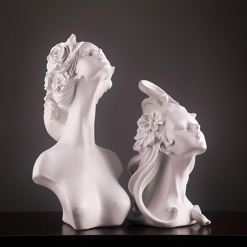 Flower Head Girl Sculpture Resin Figure Decoration Home Livingroom Table Figurines Accessories Art Hotel Desk Statue Ornaments