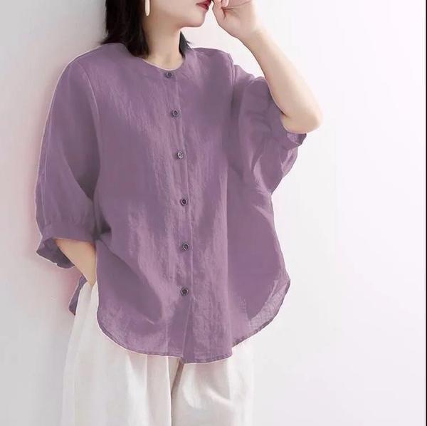 Women's Cotton Linen Shirt Lantern Sleeve Vintage Artistic Top Plus Size Loose Mid-Sleeve Blouse