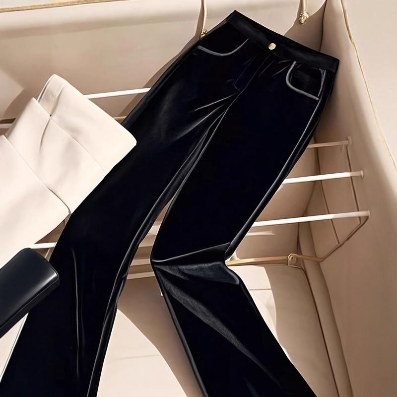 Womens Black Velvet Straight Leg Trousers High Waist Comfortable Casual Slim Fit Winter 2025