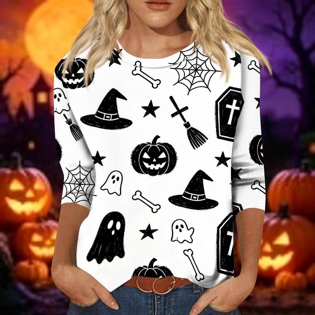 Women Casual Halloween Print Three Quarter Sleeve Round Neck Top Lightweight Comfortable Fit Fashionable Shirt for Everyday Wear