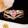 2pcs Oval Stone Elegant Pink Zircon Ring Sets For Women Vintage Gold Color Engagement Bands Wedding Jewelry Set Versatile Gifts