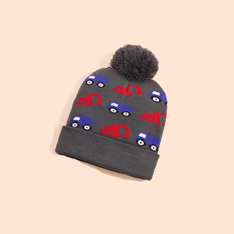 Unisex Cartoon Excavator Wool Pom-Pom Knit Hat for Kids - Warm Autumn Winter