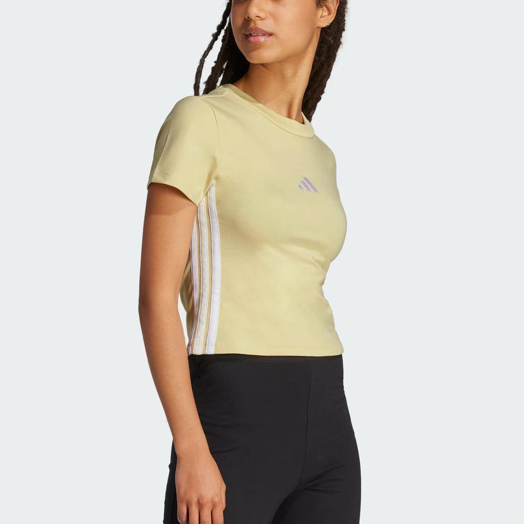 Adidas Essentials Slim Striped Round Neck Pullover Fitted Short Sleeve T-Shirt Women T-Shirts Powder-Yellow White JE1246