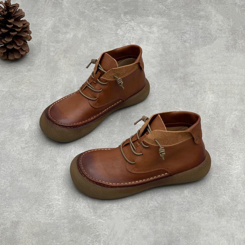 Johnature Handmade Genuine Leather Women's Shoes Versatile British Style Round Toe Cowhide Ankle Boots