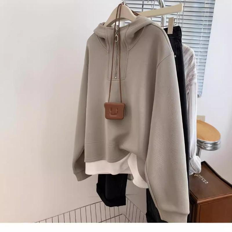 Fake two pieces fleece thickened semi-zipper hooded sweater women's autumn, winter and winter shoulder small pullover loose