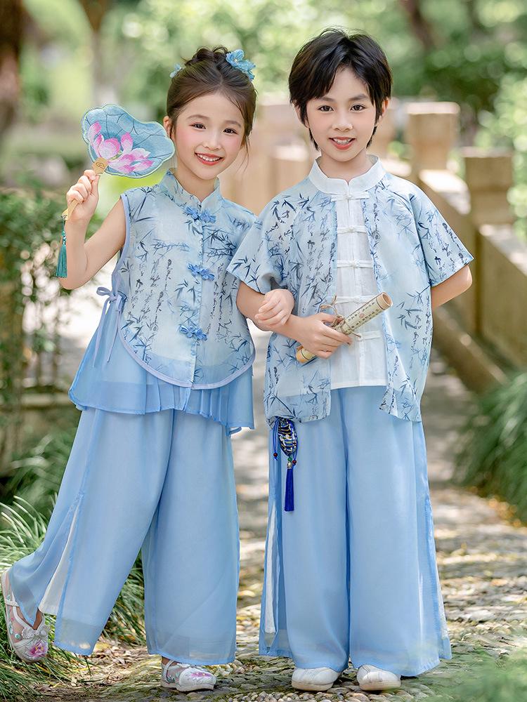 Kids' Hanfu: Emerald Bamboo & Orchid Tang Suit Set - Summer Chinese Style for Boys and Girls Performance