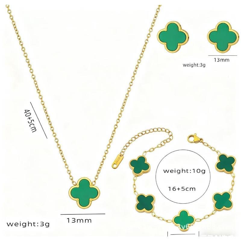 4PCS 13MM Double-Sided Smooth Mother-of-Pearl Four-Leaf Clover Set, Necklace, Bracelet, Earrings And Ring Set, Versatile Jewelry for Women