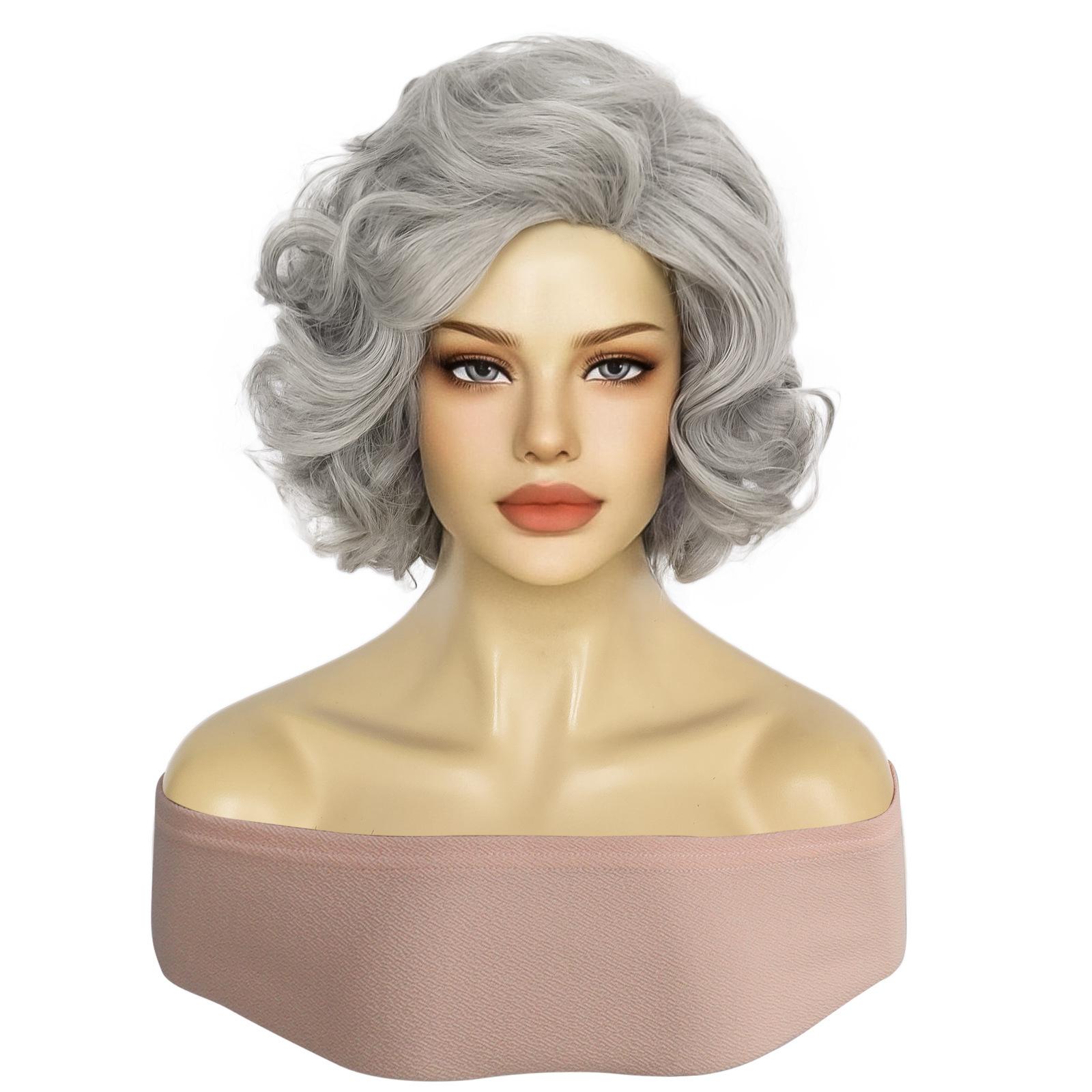 

Short Curly Wigs for Women Synthetic Hair Grey Wig with Side Bangs Fluffy Gray Wigs for Lady Costume Daily Heat Resistant Fibre серый