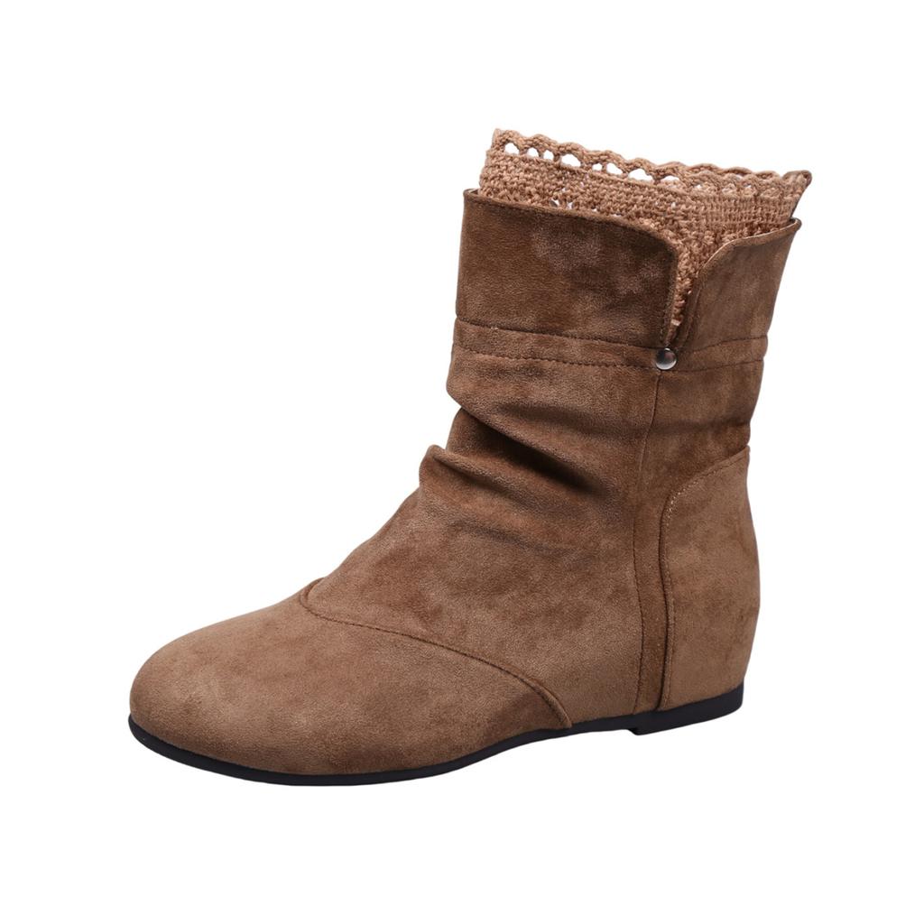Ethnic lace medium boots autumn and winter new inner heightening short boots retro casual suede pleated piled boots