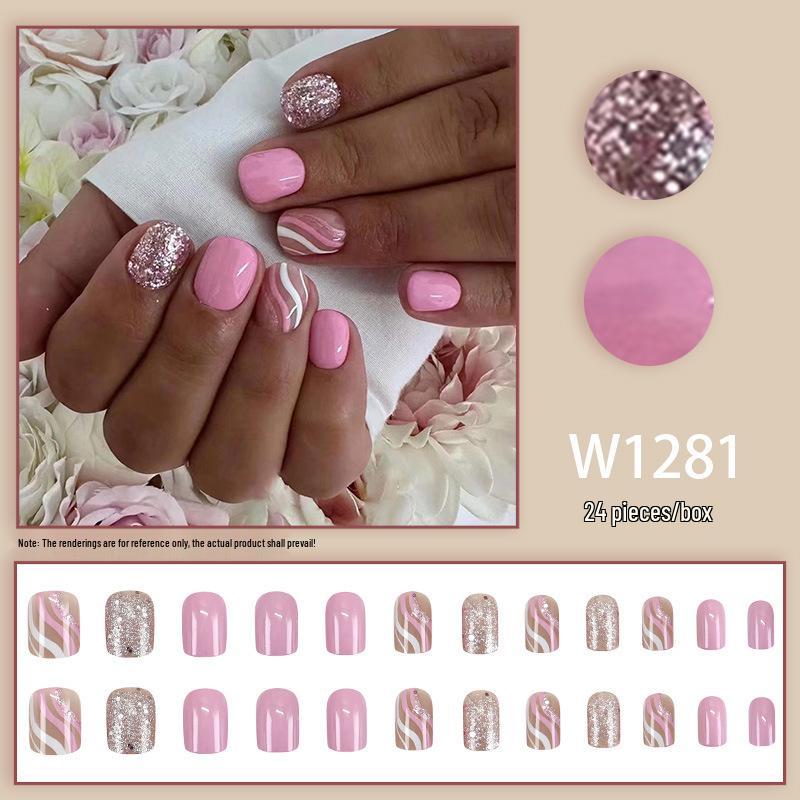 

Рожево-білі смужки з блискітками для нігтів - Європейський та американський солодкий стиль для студентів