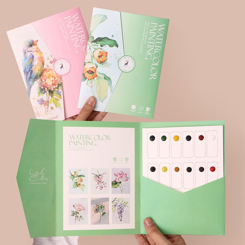 1Set Creative Watercolor Painting Set With 12-Color Solid Paint Kids Stress Relief Coloring Book Parent-Child Watercolor Art Kit