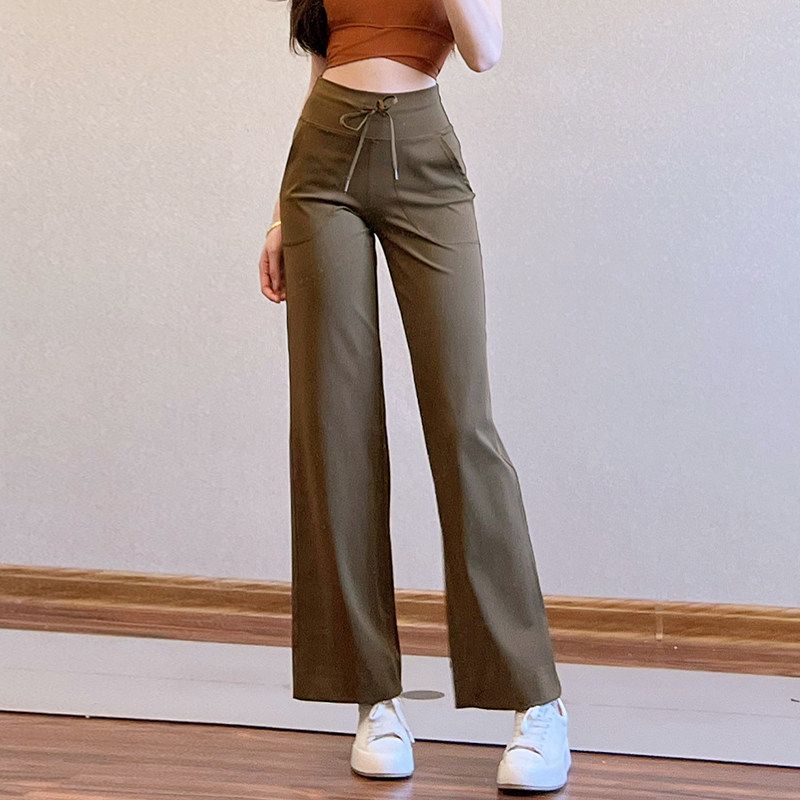 

Fashion Black Straight Fitness Pants Women s Drawstring with Pocket Loose Track Pants Outwear American High Waist Yoga Pants Tan S