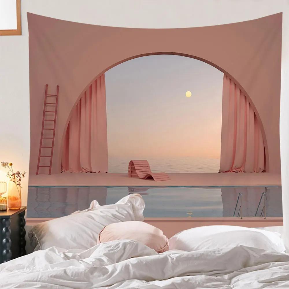 Pink Moon Scenery Tapestry Bohemian Wall Hanging Cloth Home Decoration Girls Bedroom Living Room Background Cloth