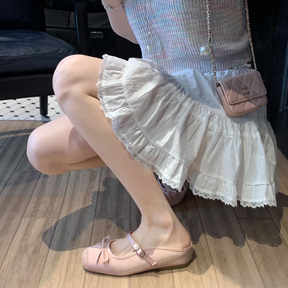 Sheepskin version~ Inner height-increasing bow one-word shallow mouth ballet half-drag single shoes for women