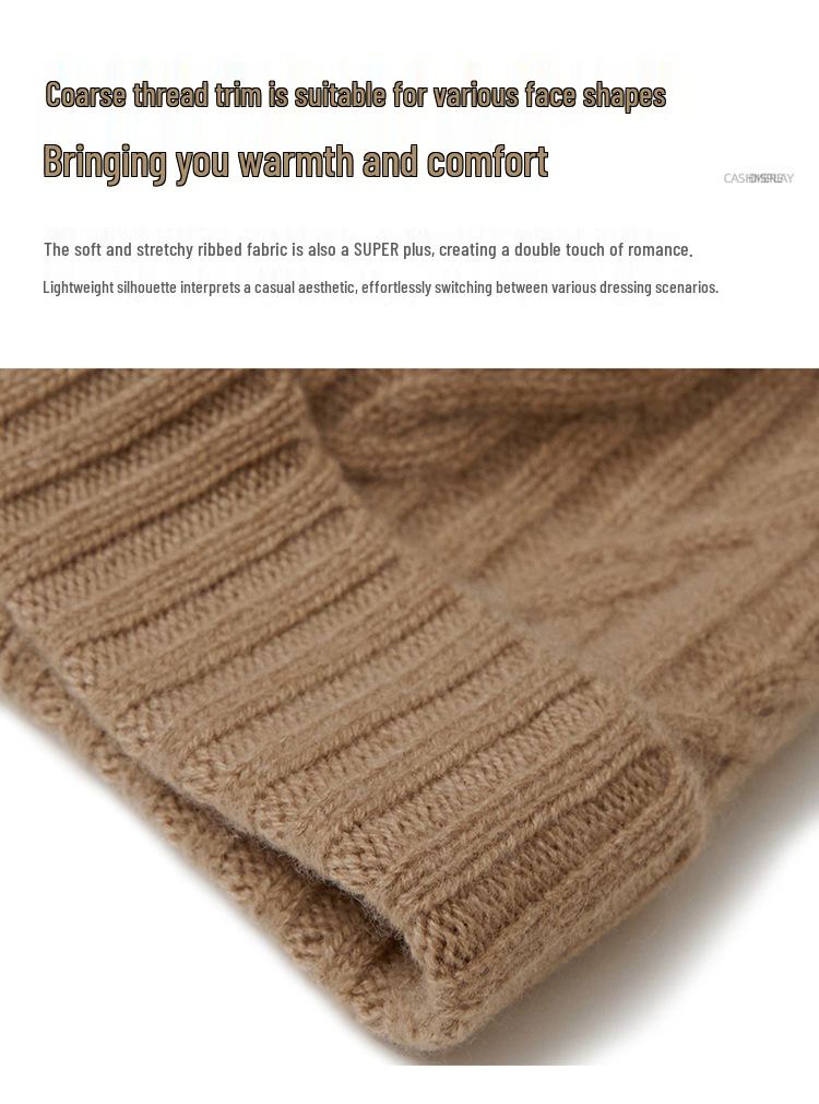 Women's Warm Cable Knit Turn-up Hat - Pure Cashmere, Ear Protection, Windproof, Solid Color for Autumn/Winter