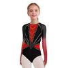 Girls Gymnastics Leotard Sheer Mesh Long Sleeve Keyhole Back Shiny Rhinestones Color Block Costume