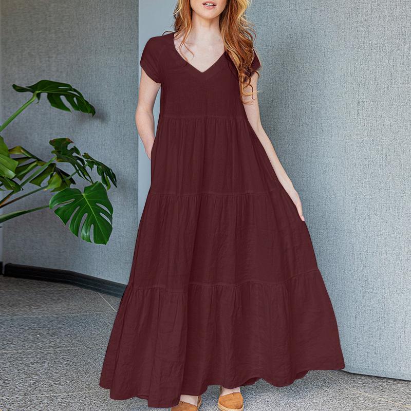 ZANZEA Women Daily Casual Loose V-neck Short Sleeve Long Dress